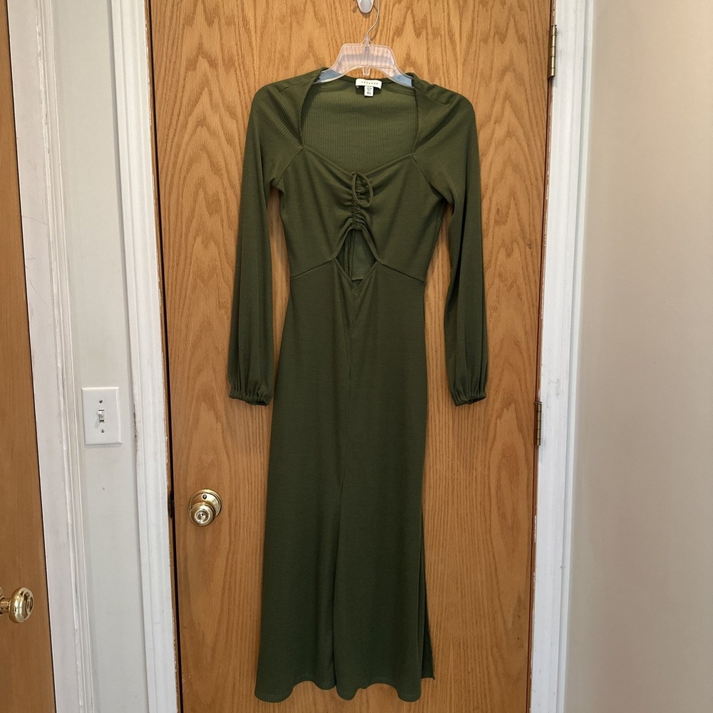 TOPSHOP Green Olive Maxi Dress Cut Out Mid Tie Ribbed Women‎ Size 6 Classy